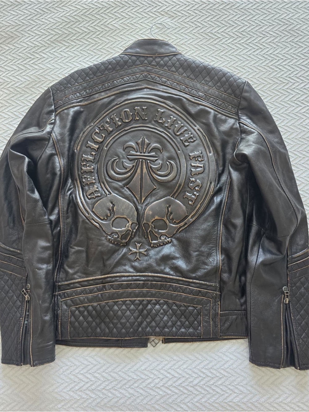 Affliction Dark Brown Embossed Leather Bomber Jacket. Limited Edition
